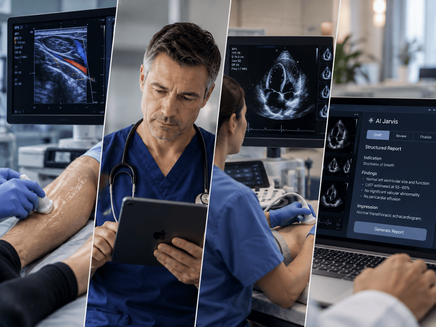 Clinical workflow collage: echo study review, physician using a tablet, sonographer scanning a patient, and an AI Jarvis structured report