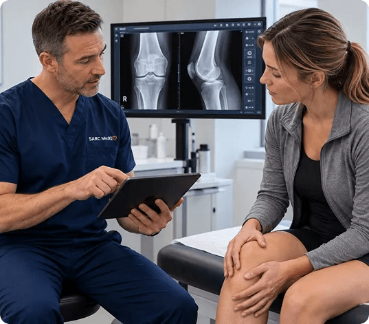 Orthopedic physician reviewing knee X-ray imaging with a patient
