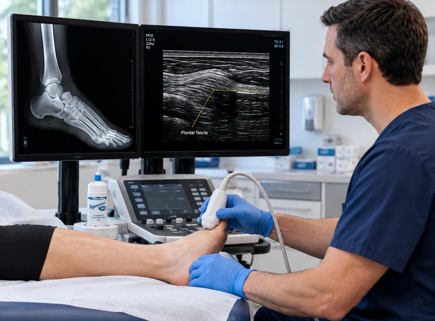 Podiatrist performing a plantar fascia ultrasound exam alongside a foot X-ray